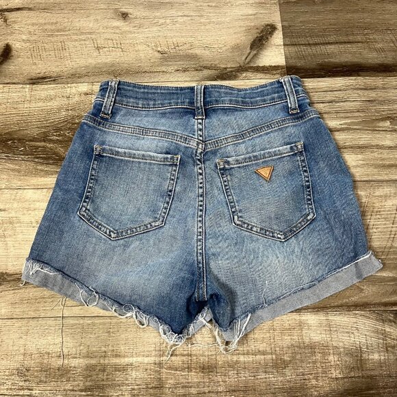Guess High Rise Exposed Button Fly Leg Fray Denim Shorts Blue Women’s Size 24 - Picture 2 of 9